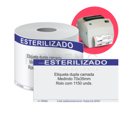 Fotografia etiqueta materiais esterilizados para utilização na impressora térmica.