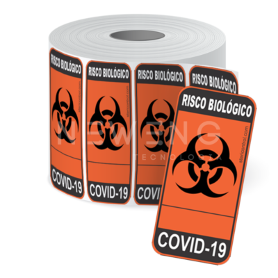 Fotografia etiqueta identificação de risco biológico Covid-19.
