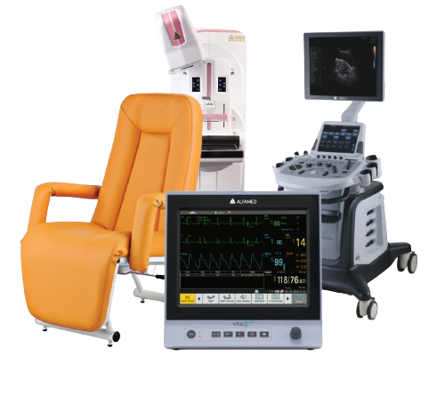 Imagem de produtos hospitalares: poltrona, monitor multiparâmetros, aparelho de ultrassom e mamógrafo.